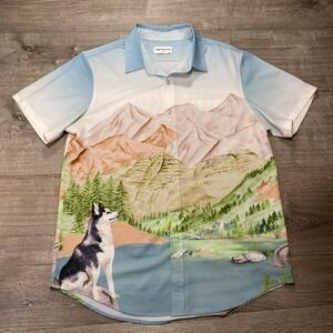 Mavrans Shirt‎ Mens Large Blue Button Up Short Sleeve Scenic Husky Mountain Lake